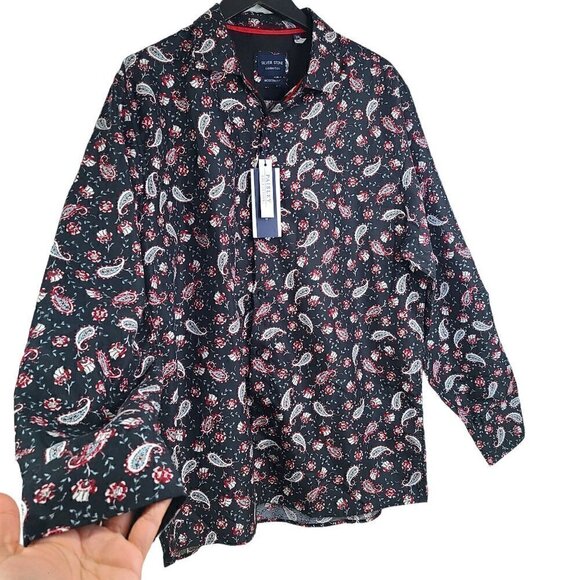 NWT SILVER STONE COLLECTION Mens Black & Red Paisley Button up Shirt Modern Fit - Picture 2 of 8